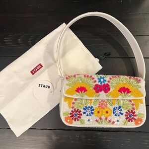 STAUD White Shoulder Bag with Whimsical Floral Design